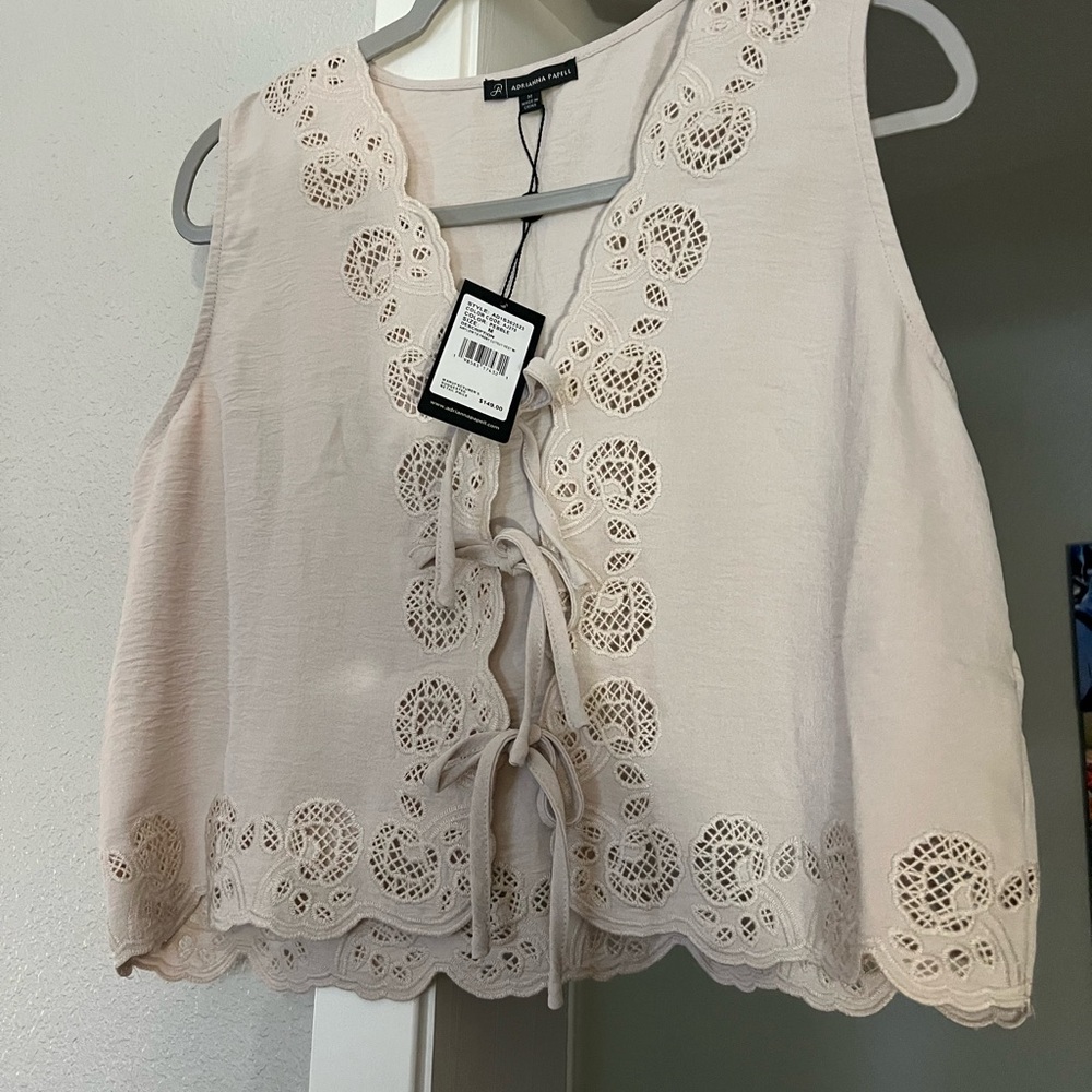 Adrianna Papell Pink Crop Blouse with Tie Front and Embellished Details